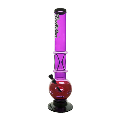 Purple and red glass smoking waterpipe with 'Chongz' branding on a white background