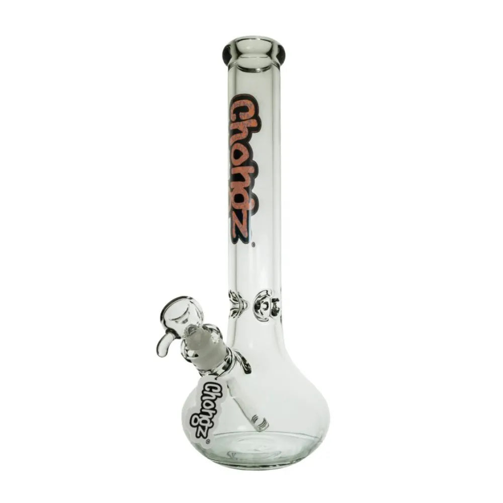 Clear glass smoking device with 'Chongz' branding on a white background