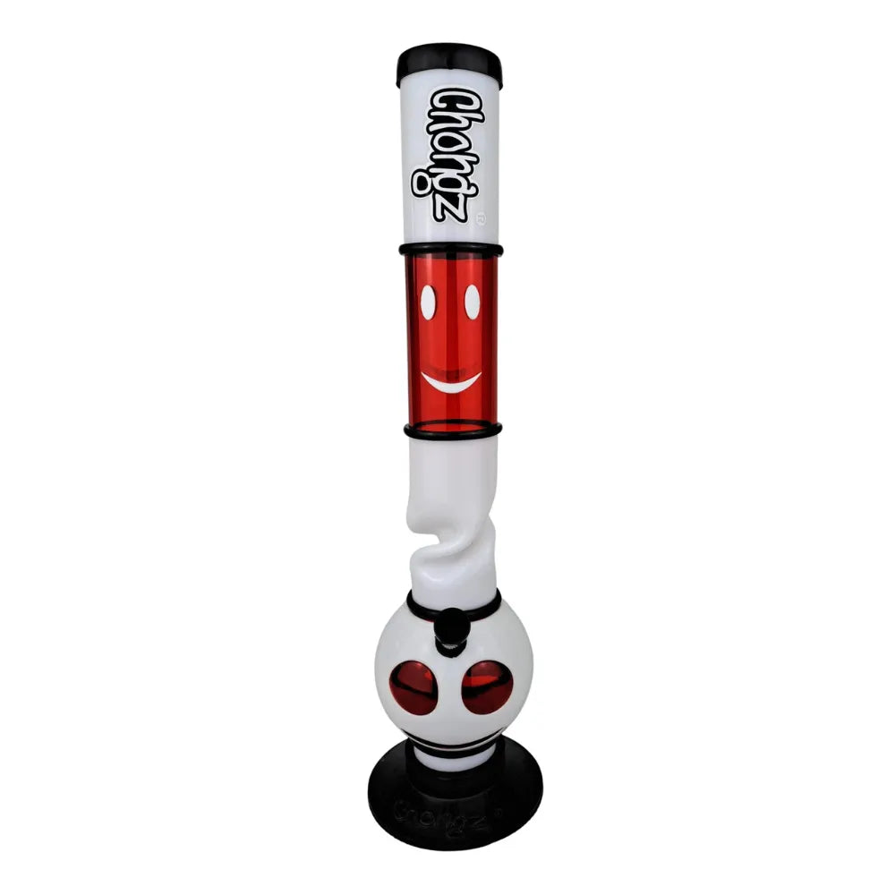 Chongz acrylic smoking waterpipe with red and white design on a white background