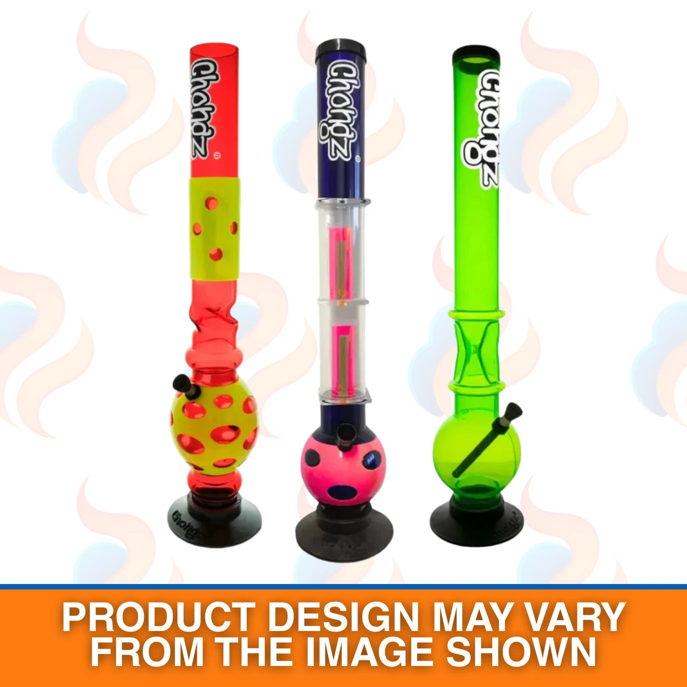 Three colourful 50cm smoking bongs with 'Chongz' branding on a white background.