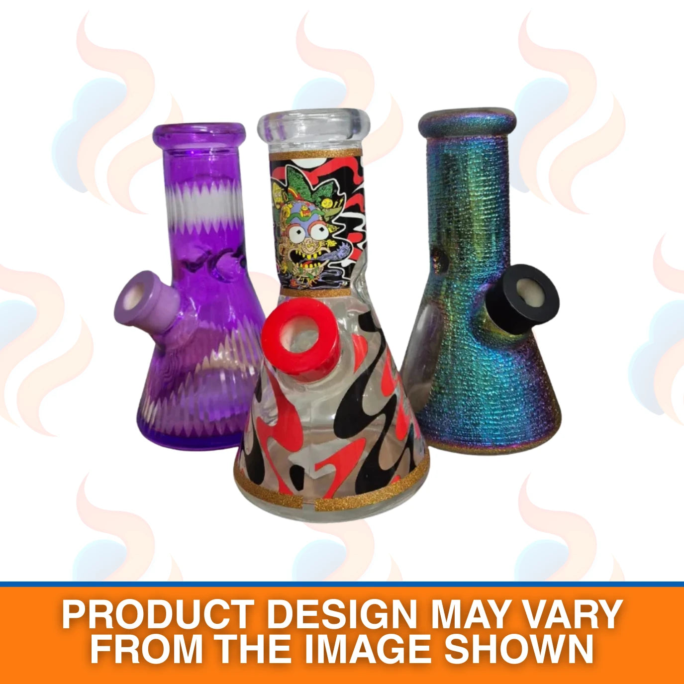 Three colourful glass Chongz Beaker King smoking bongs on a white background