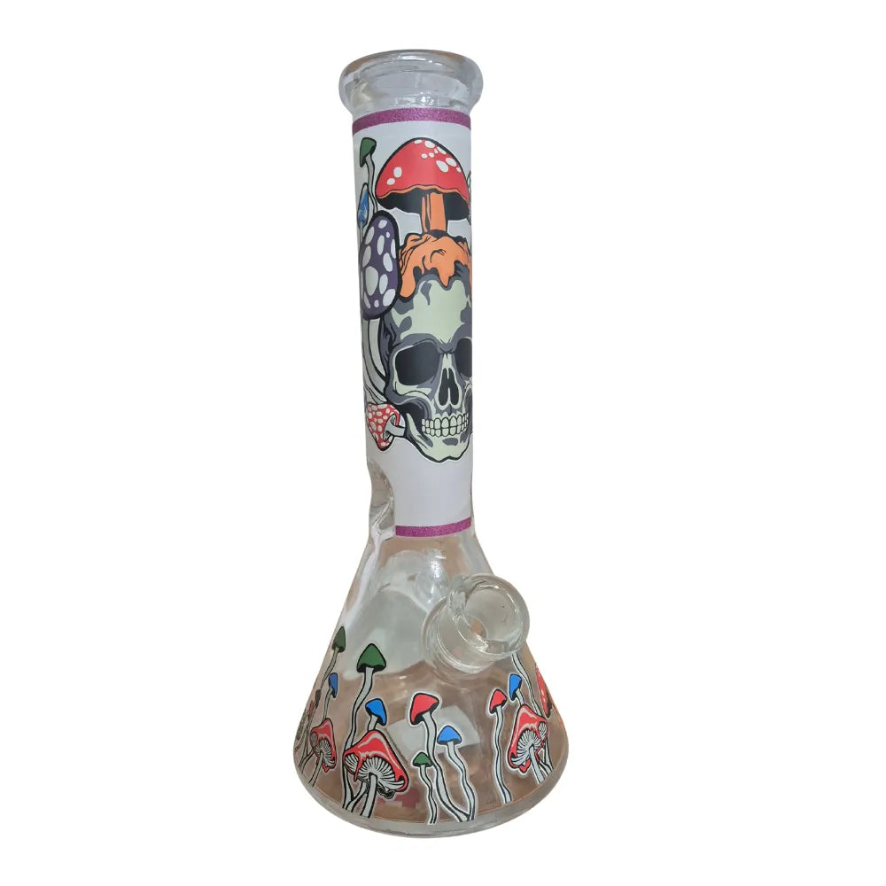 Glass smoking bong with colorful designs on a white background