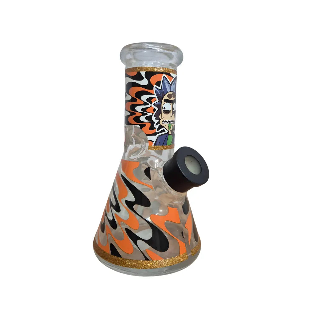 Glass bong with colorful design and character illustration on a white background