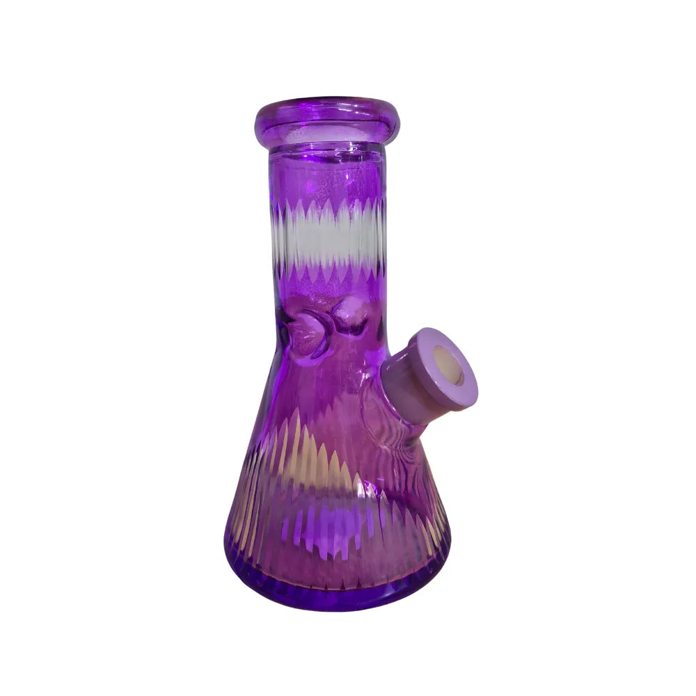 Purple glass beaker bong with ribbed design on a white background
