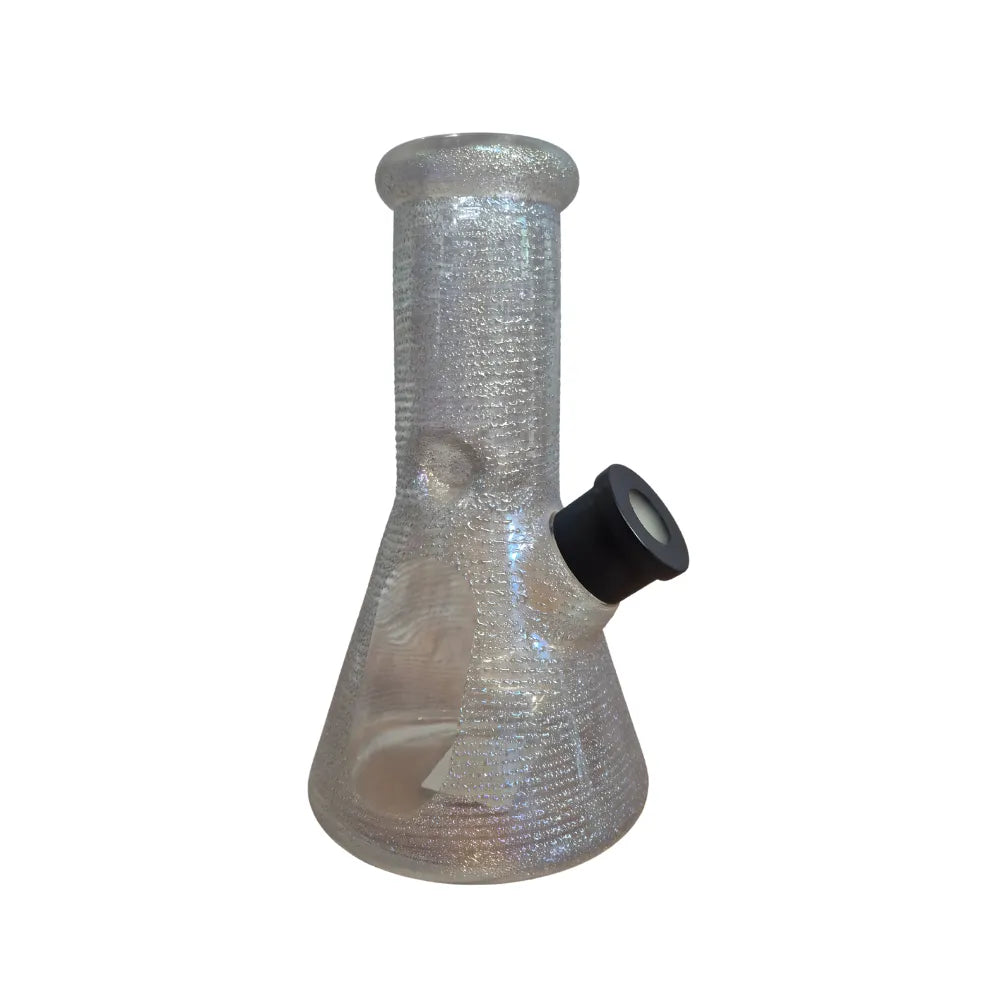 Glass bong with ribbed design on a white background