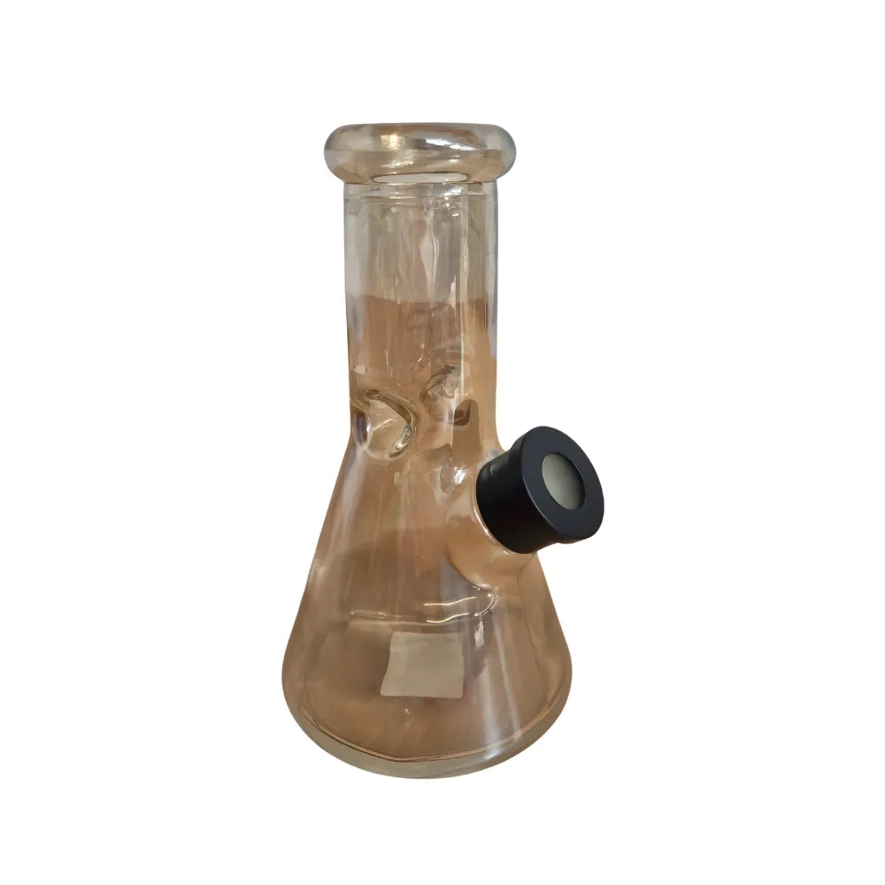 Clear glass water pipe with black fitting on a white background
