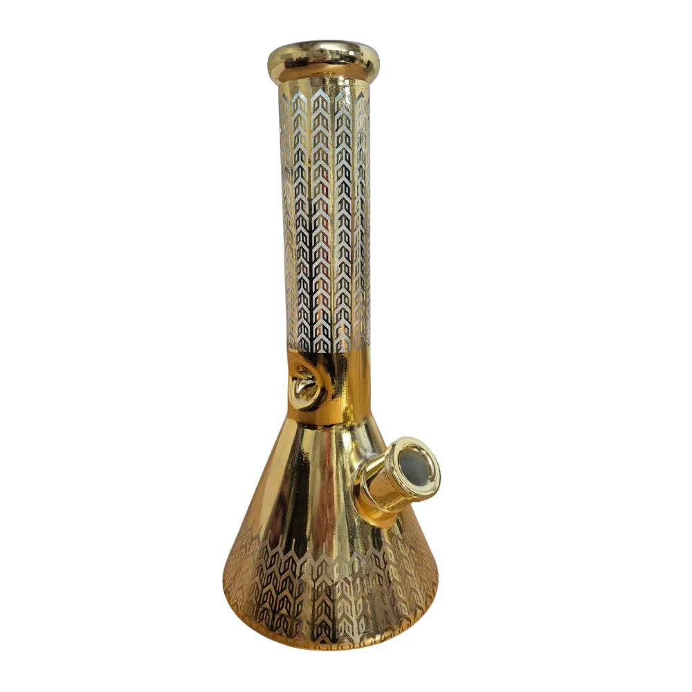 Gold and silver patterned smoking bong on a white background