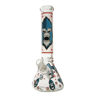 Glass smoking device with a face design on a white background