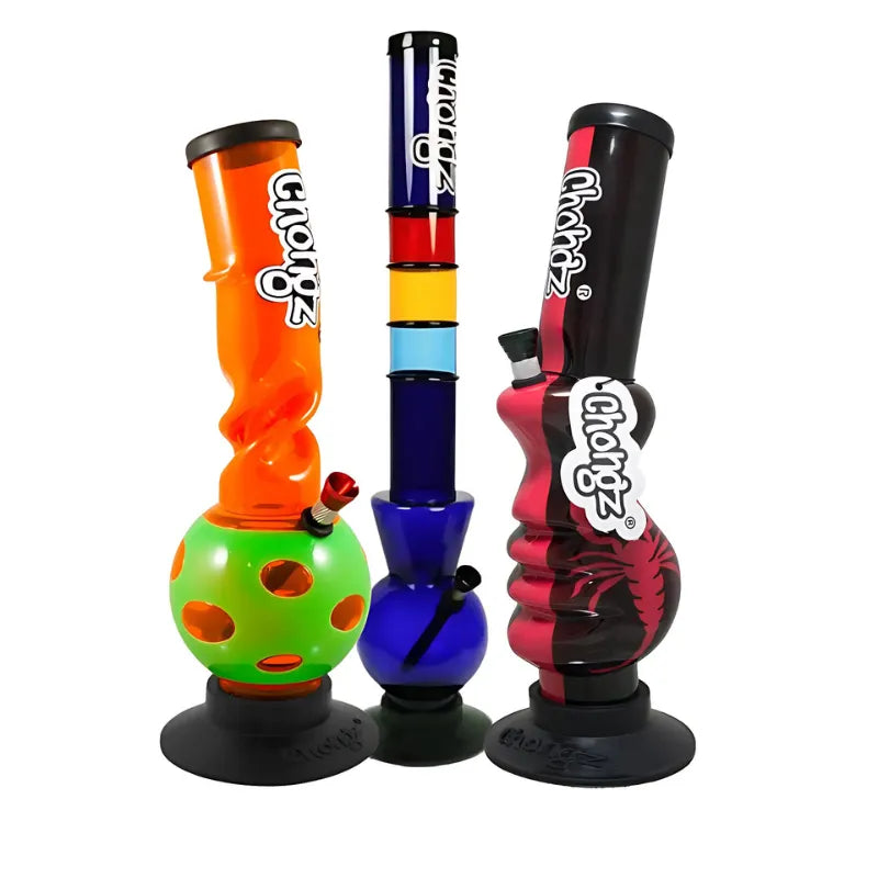 Acrylic Three colorful bong models with 'Chongz' branding on a white background