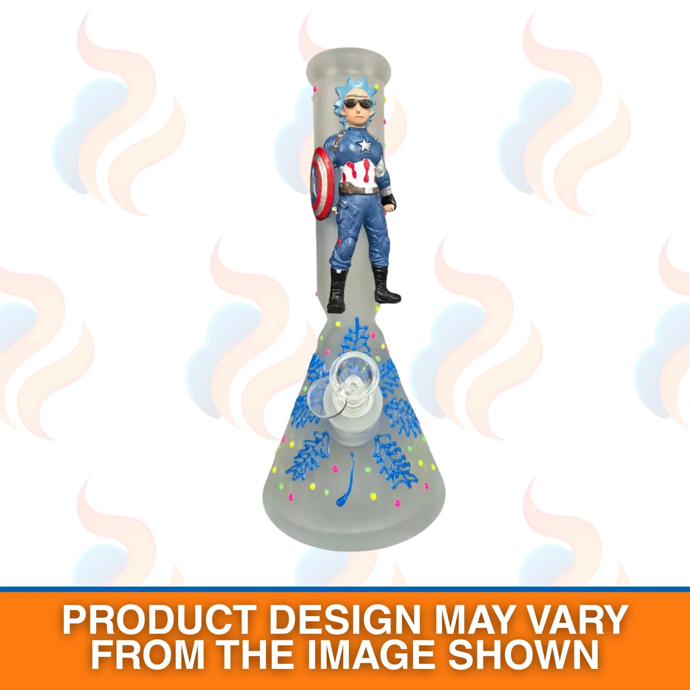 Figure of a superhero character on top of a grey glass waterpipe with colourful designs.