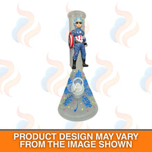 Figure of a superhero character on top of a grey glass waterpipe with colourful designs.