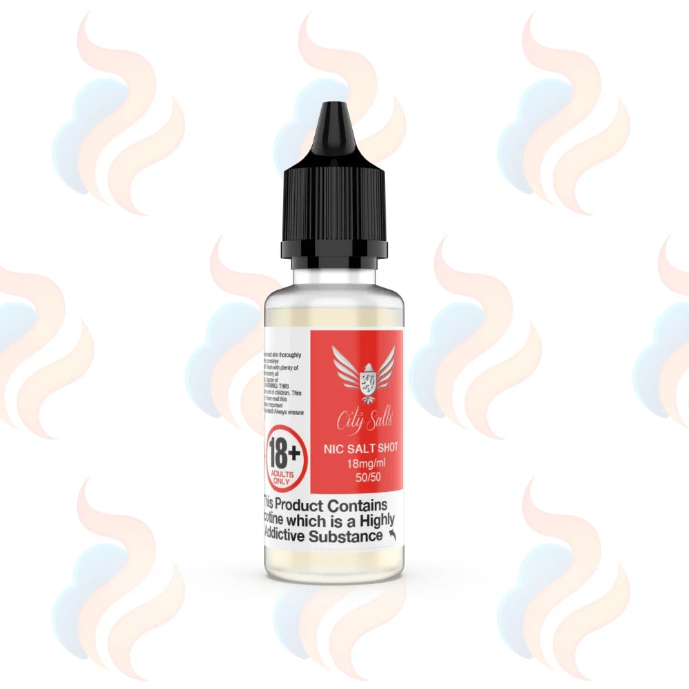 City Vape 50/50 vape nic salt shots packaging with red and white design on a white background