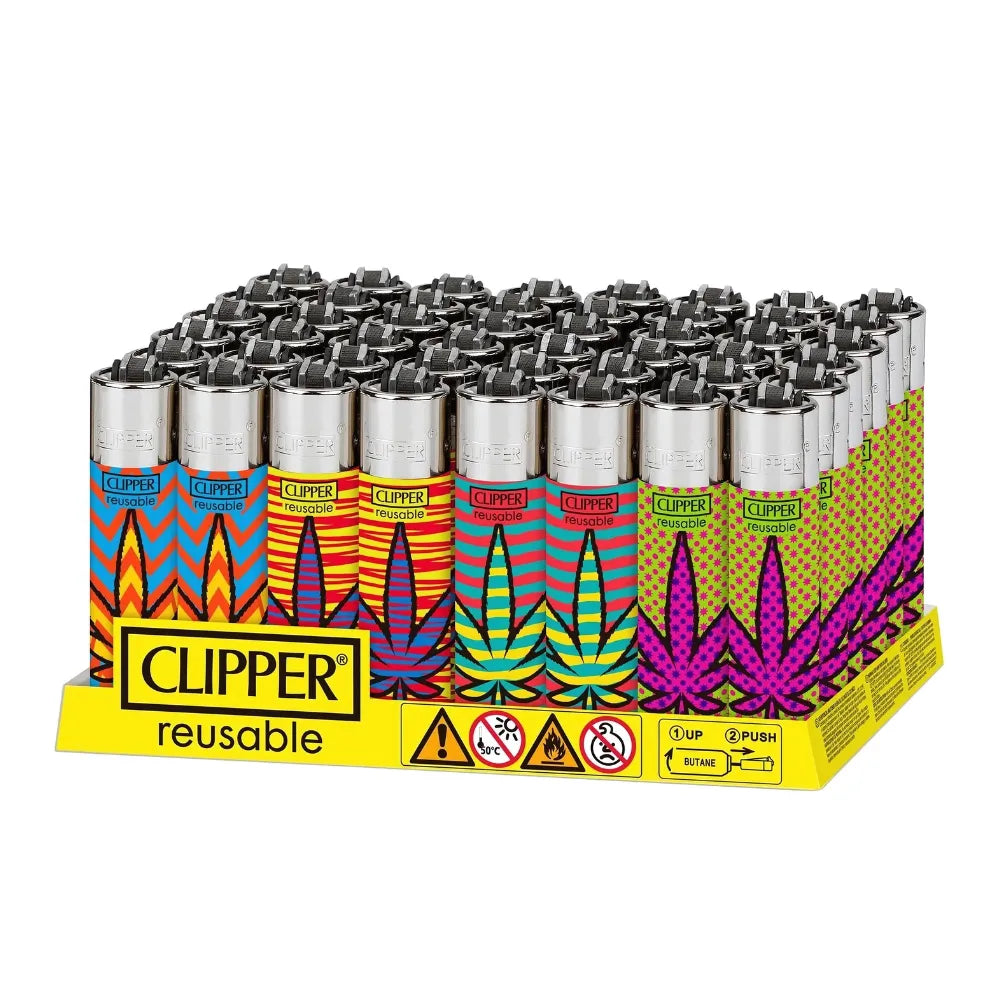 40 Pack of Clipper Colourful leaf design refillable lighters on a white background