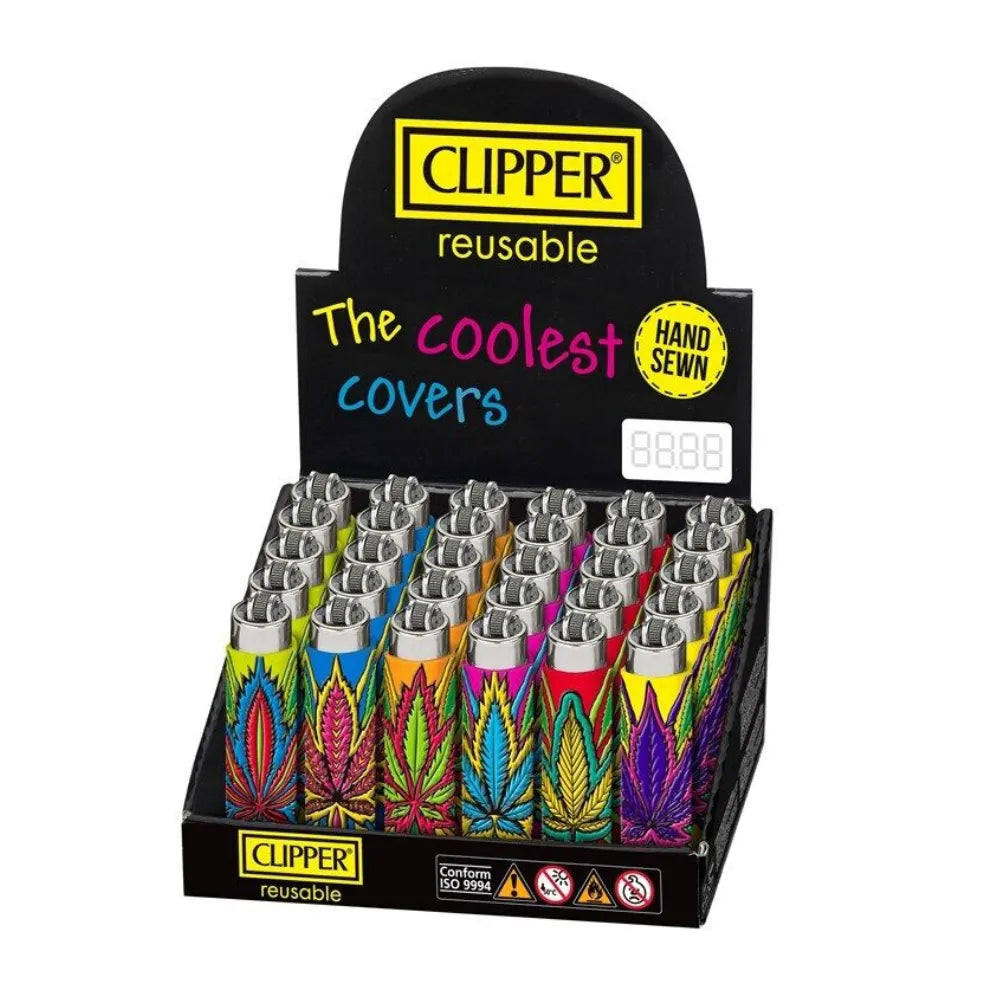 Display of Clipper coolest cover lighters with colorful covers on a white background