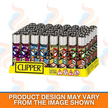Box of 48 Clipper lighters with various designs on a white background