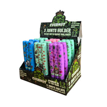 Display of colorful 3 joints holders with branding on a white background