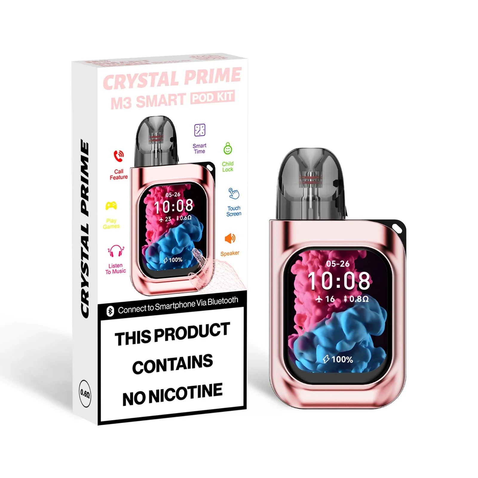Rose Gold Crystal Prime M3 Smart Pod Kit with packaging on a white background