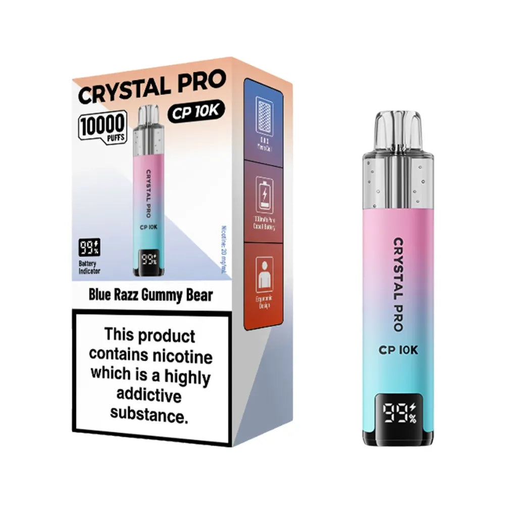 Crystal Pro CP 10K vape device packaging with product details on a white background