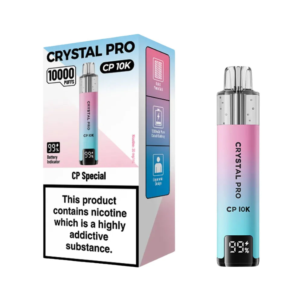 Crystal Pro CP 10K vape device and packaging on a white background