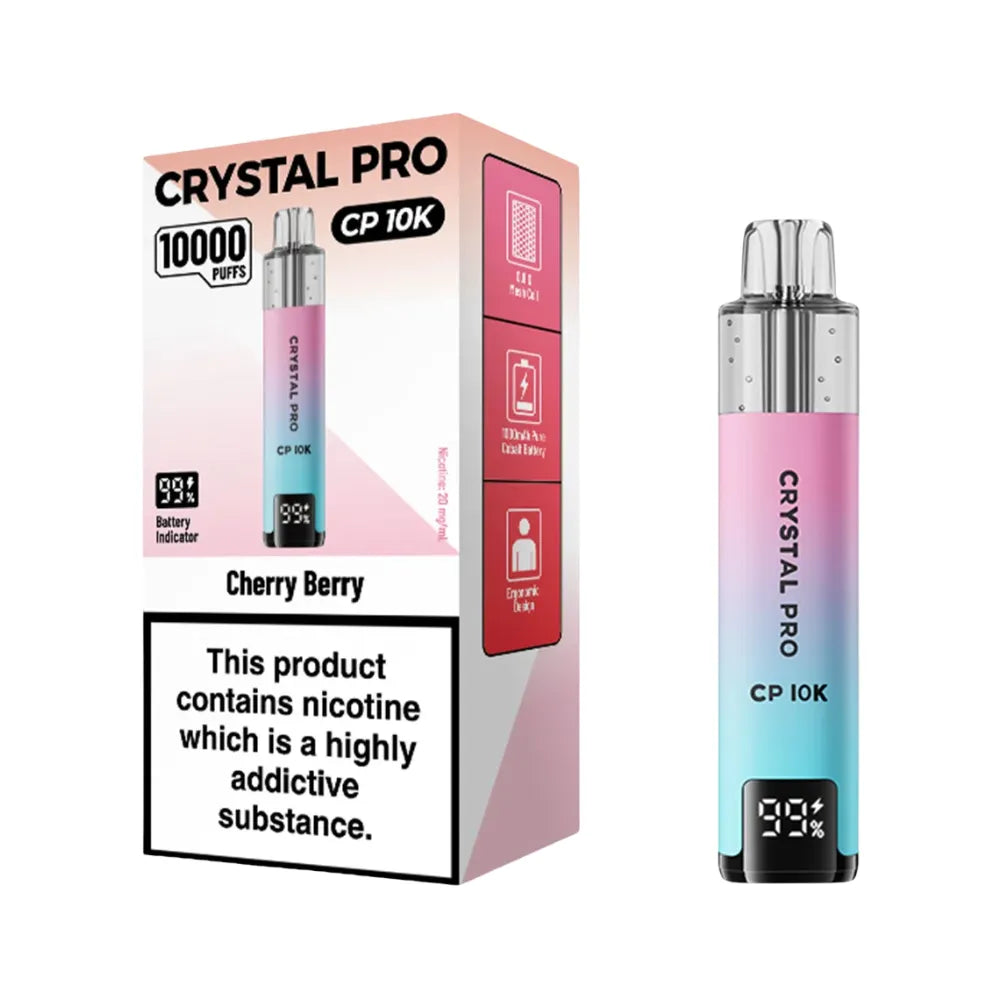 Crystal Pro CP 10K vape device packaging with nicotine warning label on a white background