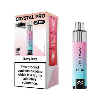 Crystal Pro CP 10K vape device packaging with nicotine warning label on a white background