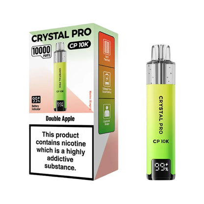 Crystal Pro CP 10K vape device packaging with nicotine warning label on a white background