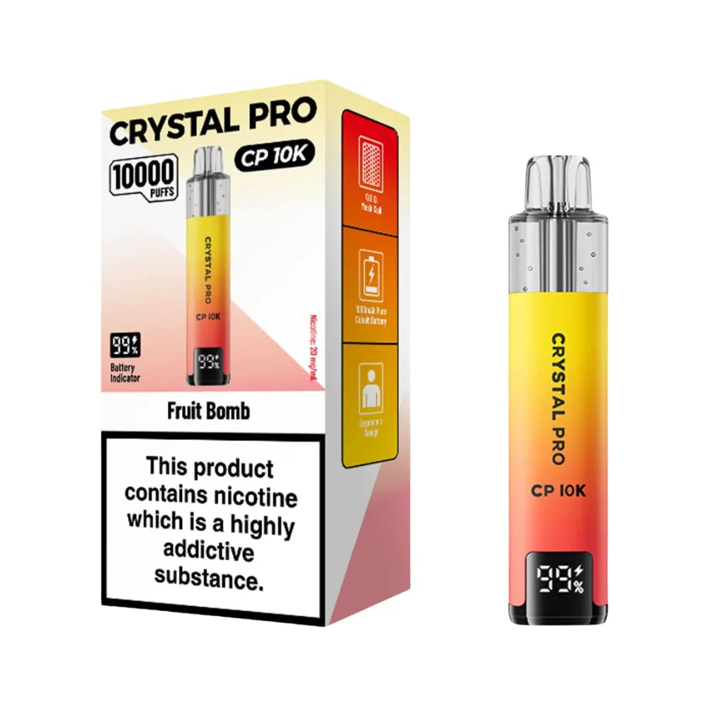 Crystal Pro CP 10K vape device packaging with nicotine warning label on a white background
