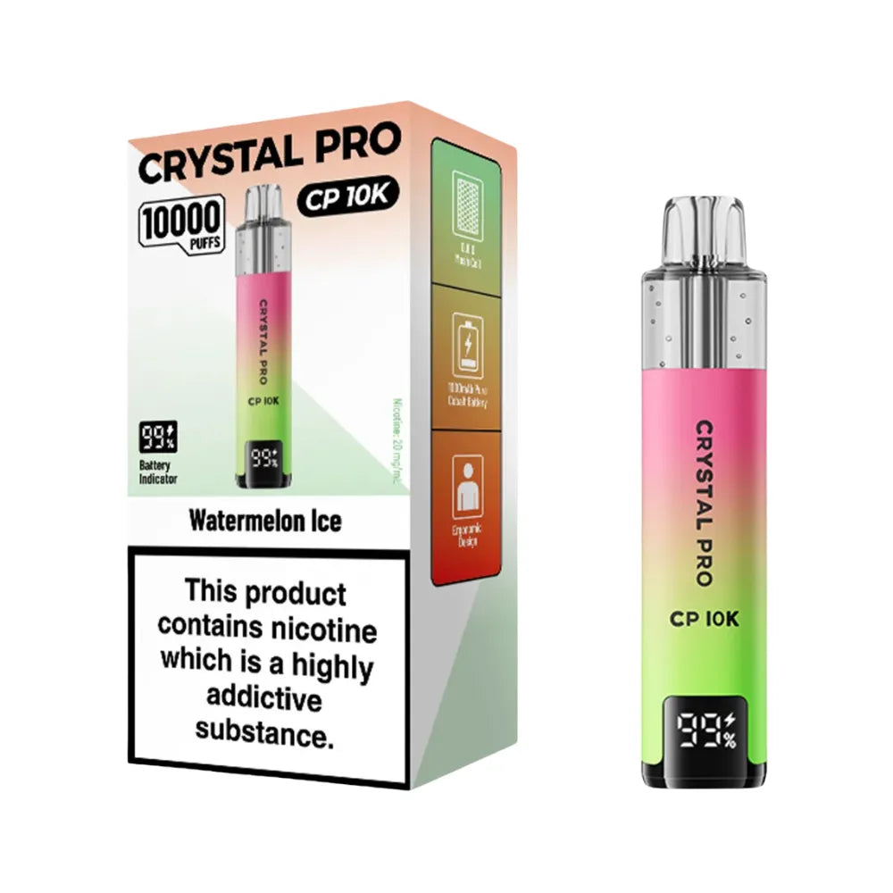 Crystal Pro CP 10K vape device packaging with nicotine warning label on a white background