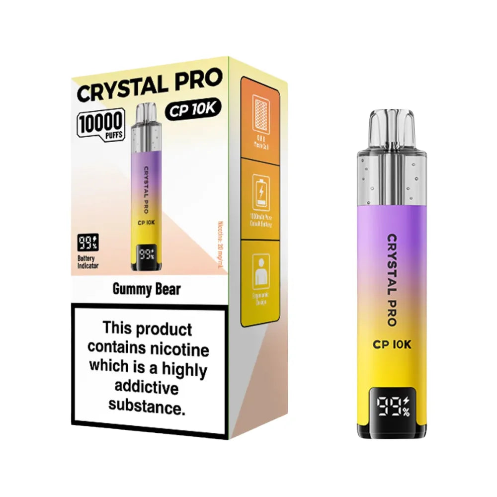Crystal Pro CP 10K vape device packaging with gradient design on a white background