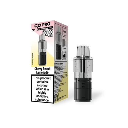 Crystal Pro CP10k Refill Pods Cherry Peach Lemonade next to packaging on a white background.