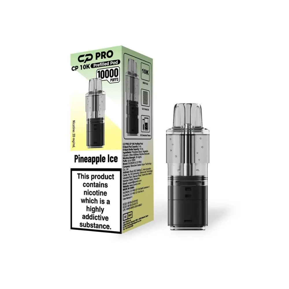 Crystal Pro CP10k Refill Pods Pineapple Ice next to packaging on a white background.