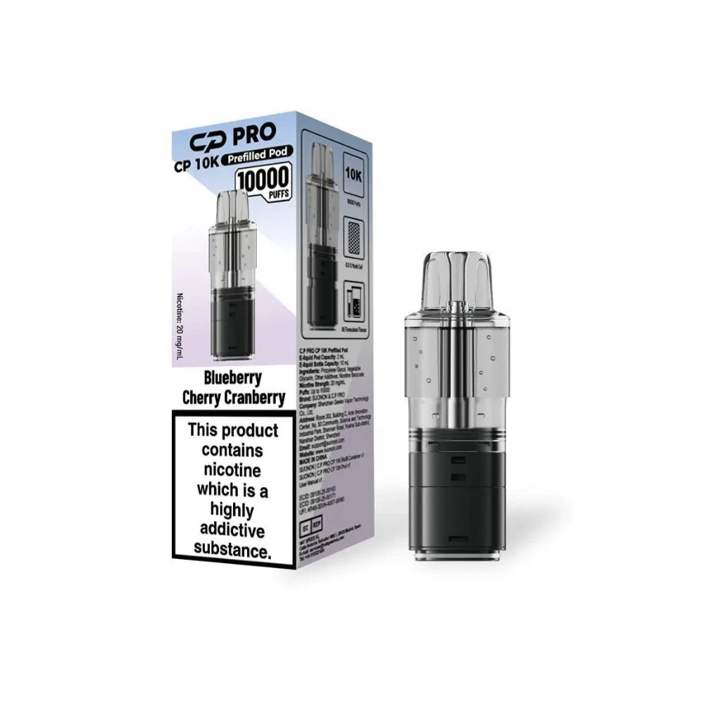 Crystal Pro CP10k Refill Pods Blueberry Cherry Cranberry next to packaging on a white background.
