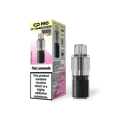 Crystal Pro CP10k Refill Pods Pink Lemonade next to packaging on a white background.