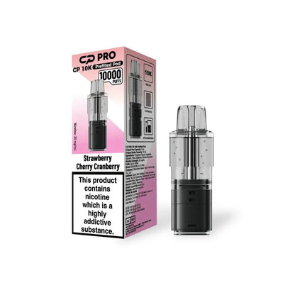 Crystal Pro CP10k Refill Pods Strawberry Cherry Cranberry next to packaging on a white background.