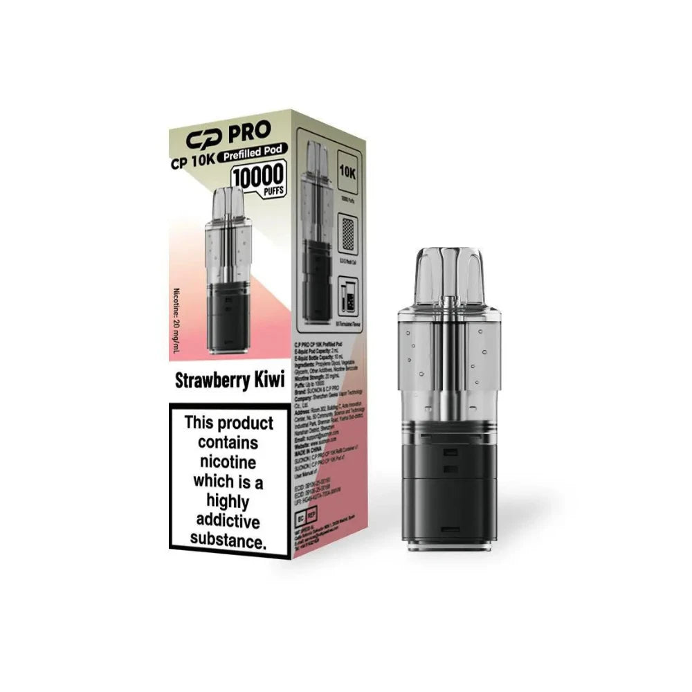 Crystal Pro CP10k Refill Pods Strawberry Kiwi next to packaging on a white background.