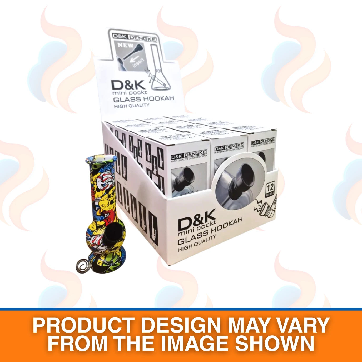 D&K mini pocket glass hookah packaging with a colourful glass hookah in front.