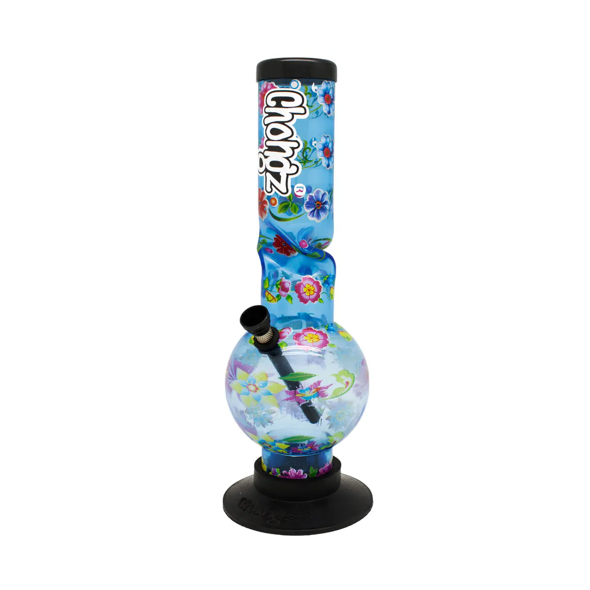 A glass water pipe with a blue background and colourful floral patterns, featuring the Chongz brand name on the neck, a black mouthpiece, and a black base.
