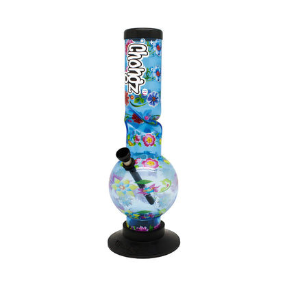 A glass water pipe with a blue background and colourful floral patterns, featuring the Chongz brand name on the neck, a black mouthpiece, and a black base.