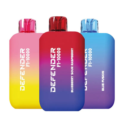 Three colorful vape devices with gradient colors and 'Defender' branding on a white background.