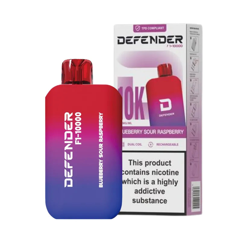 Red and blue vape device blueberry sour raspberry with packaging labelled 'Defender' on a white background