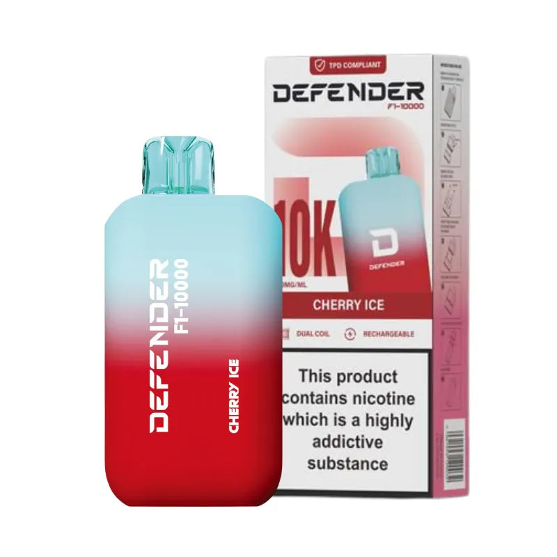 Defender F1-10000 vape device with cherry ice flavor and packaging on a white background