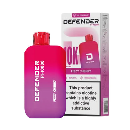 Defender F1-10000 vape device with fizzy cherry flavour and packaging on a white background