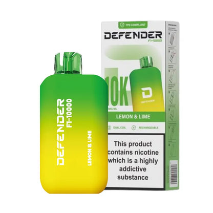 Defender F1-10000 vape device with lemon lime flavour and packaging on a white background