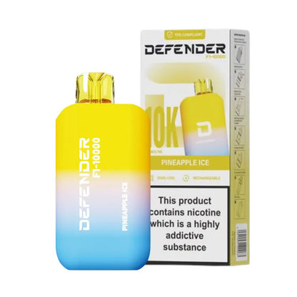 Defender F1-10000 vape device with pineapple ice flavour and packaging on a white background