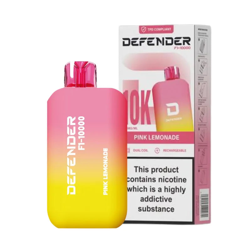 Defender F1-10000 vape device with pink lemonade flavour and packaging on a white background