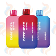 Three colourful vape devices with gradient colours and 'Defender' branding on a logo printed background.