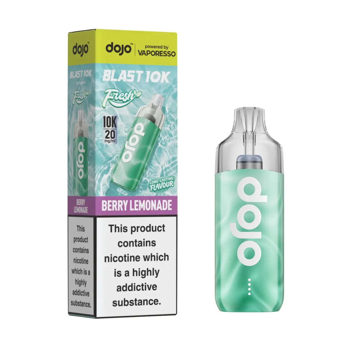 A dojo Blast 10K pod vape device in Berry Lemonade flavour, shown next to its mint green packaging box on a plain white background.