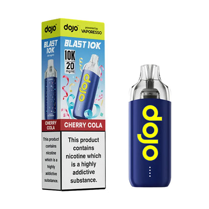 A blue and yellow Dojo Blast 10K pod vape device next to its retail packaging box, in Cherry Cola flavour, on a plain white background.