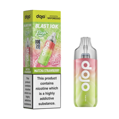 A dojo Blast 10K pod vape device in Matcha Strawberry flavour, shown next to its green and pink packaging box on a plain white background.
