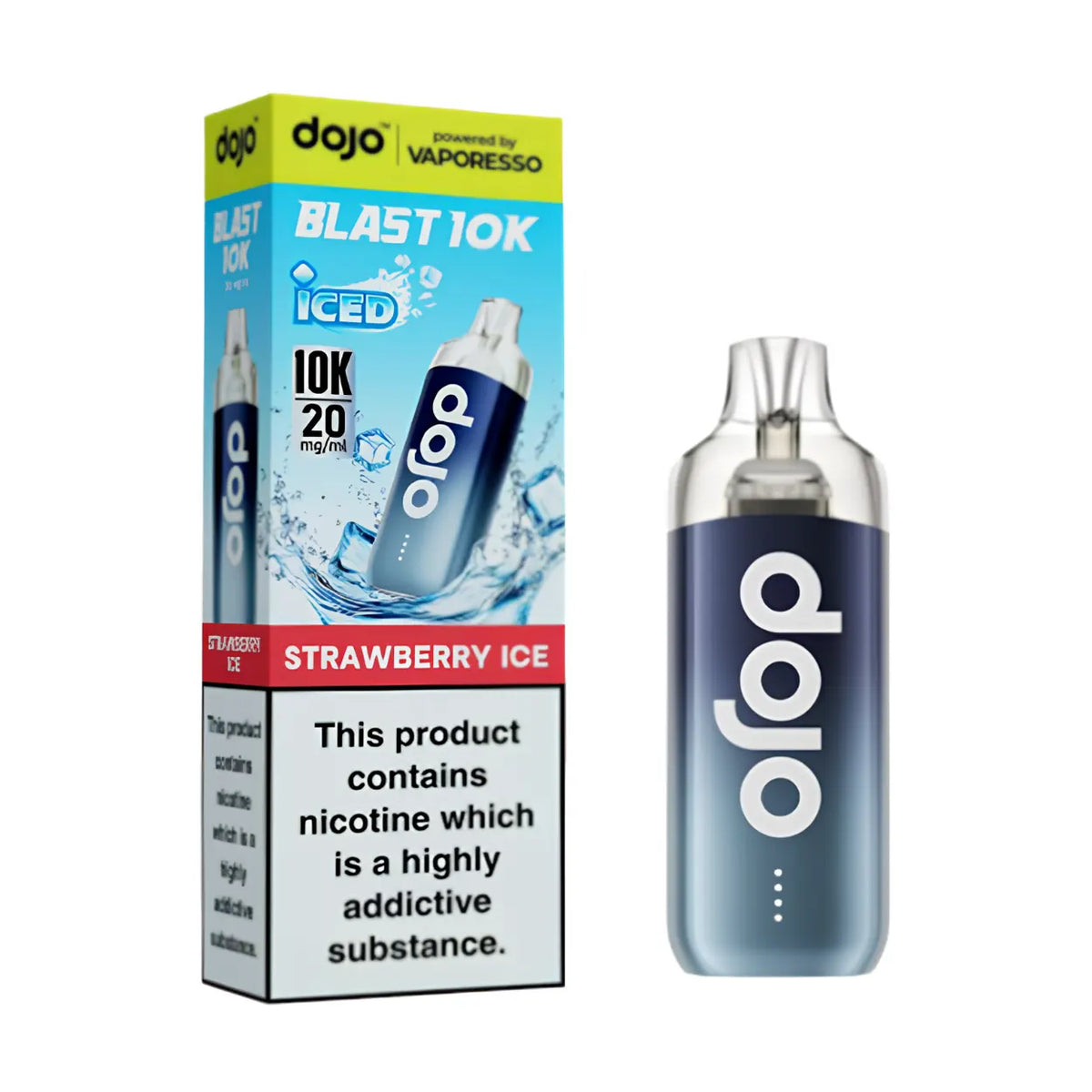 A Dojo Blast 10K Iced vape device in Strawberry Ice flavour shown next to its retail packaging box on a plain white background.